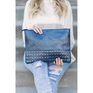 NEW AILI'S CORNER cross studded faux leather clutch in midnight blue